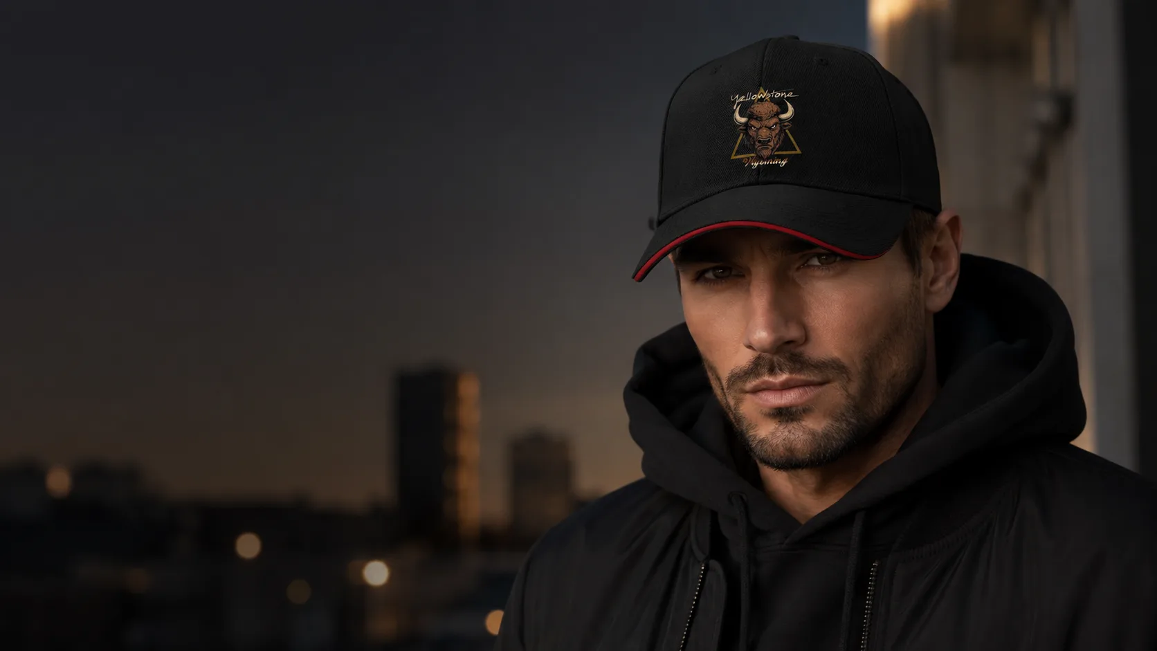 Model wearing Yellowstone Bison cap