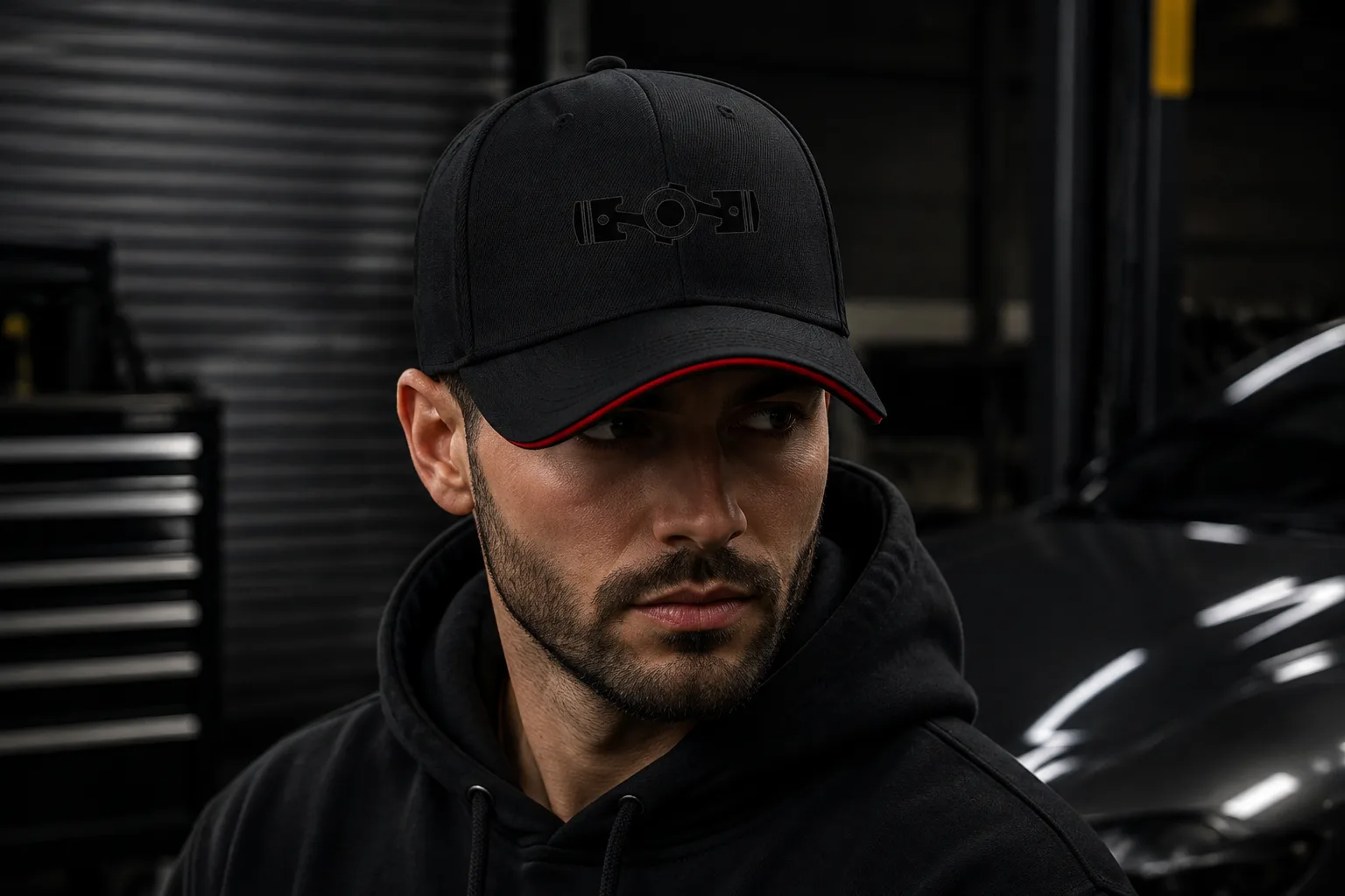 Model wearing Black Engine Piston cap