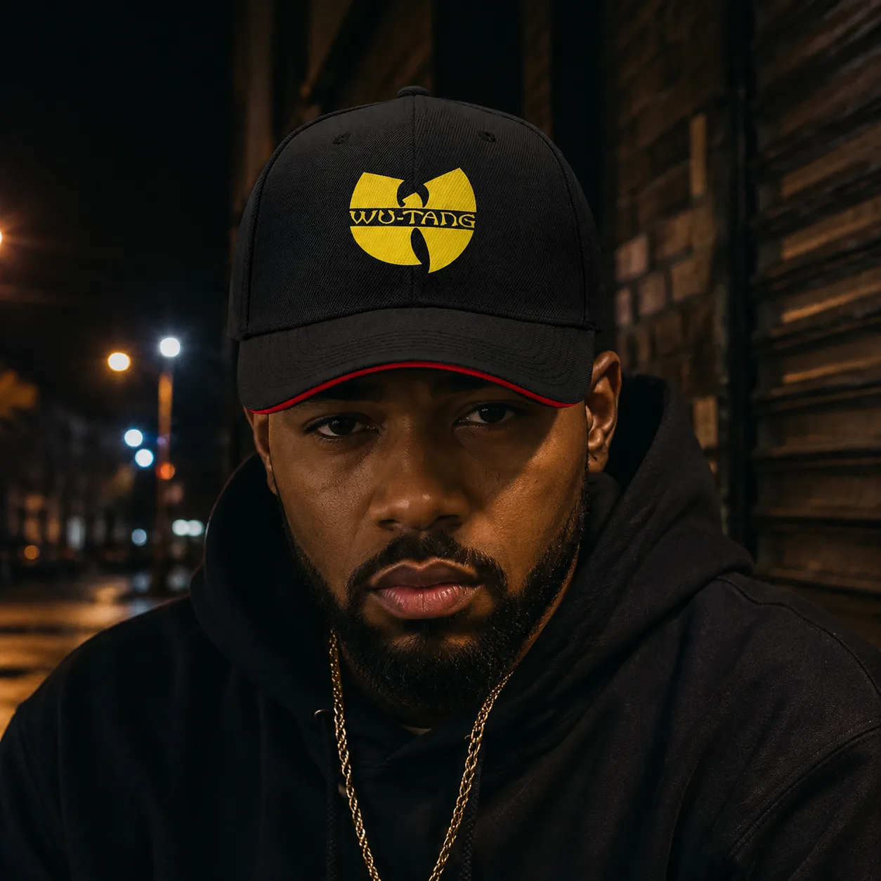 Model wearing Wu-Tang streetwear cap